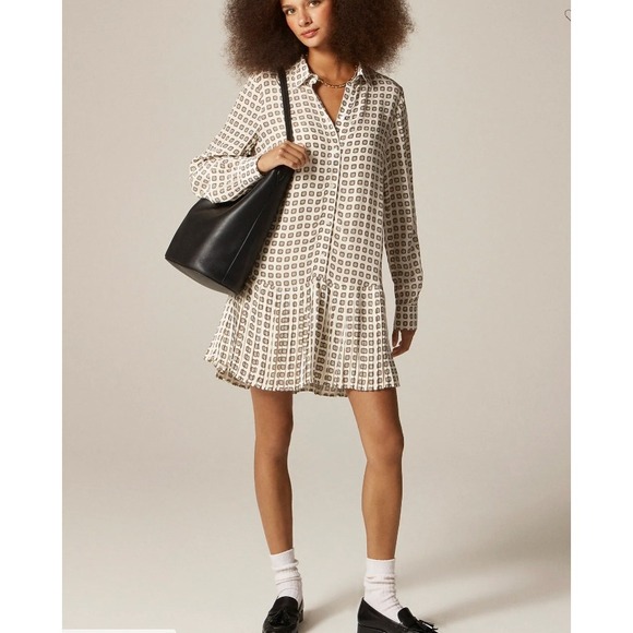 J.Crew Dresses & Skirts - NEW J.Crew Amelia Shirt-Dress Size Small Ivory Brown Foulard Print Pleated